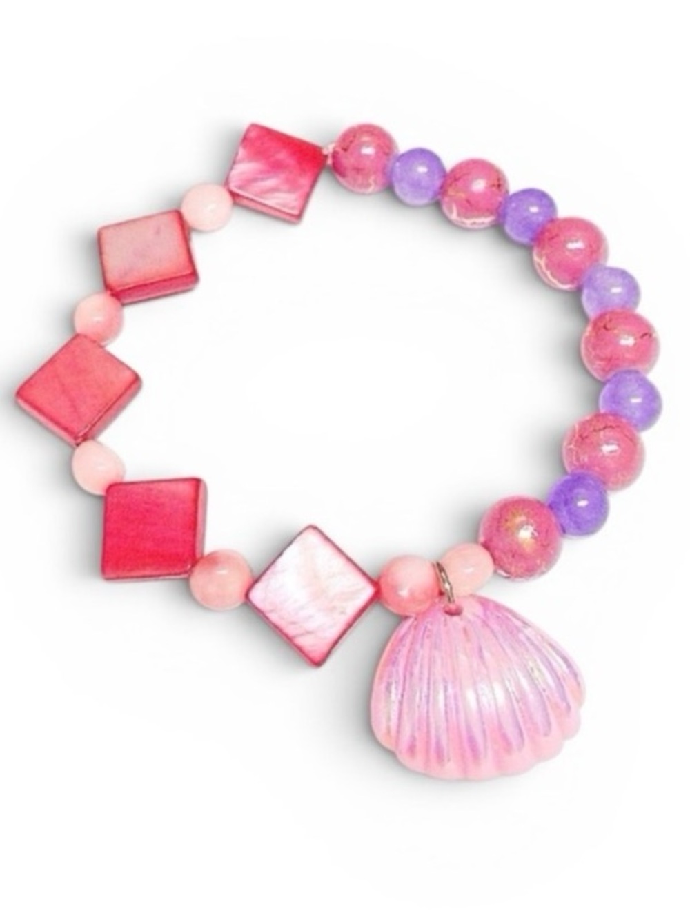 Handmade Seashell Charm Bracelet Coral Lavender Beaded Stretch Summer Jewelry